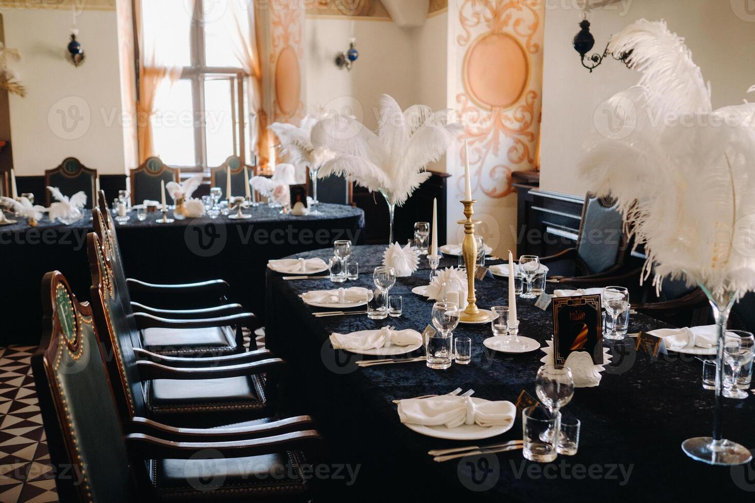 decorated festive table for a wedding evening in an old castle photo