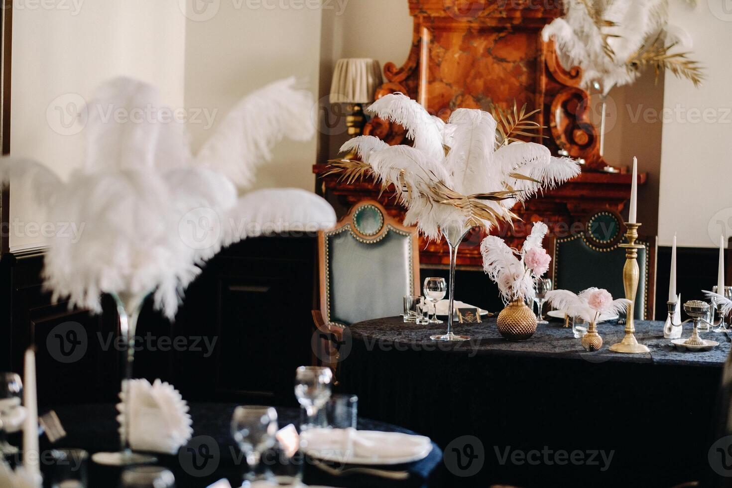 decorated festive table for a wedding evening in an old castle photo