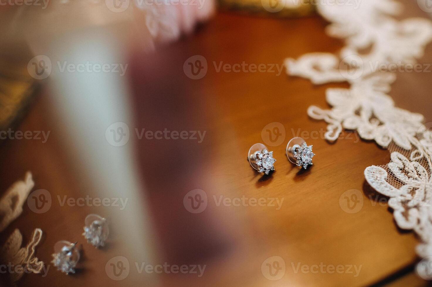 Accessories for the bride. Earrings on the veil. White wedding earrings. photo