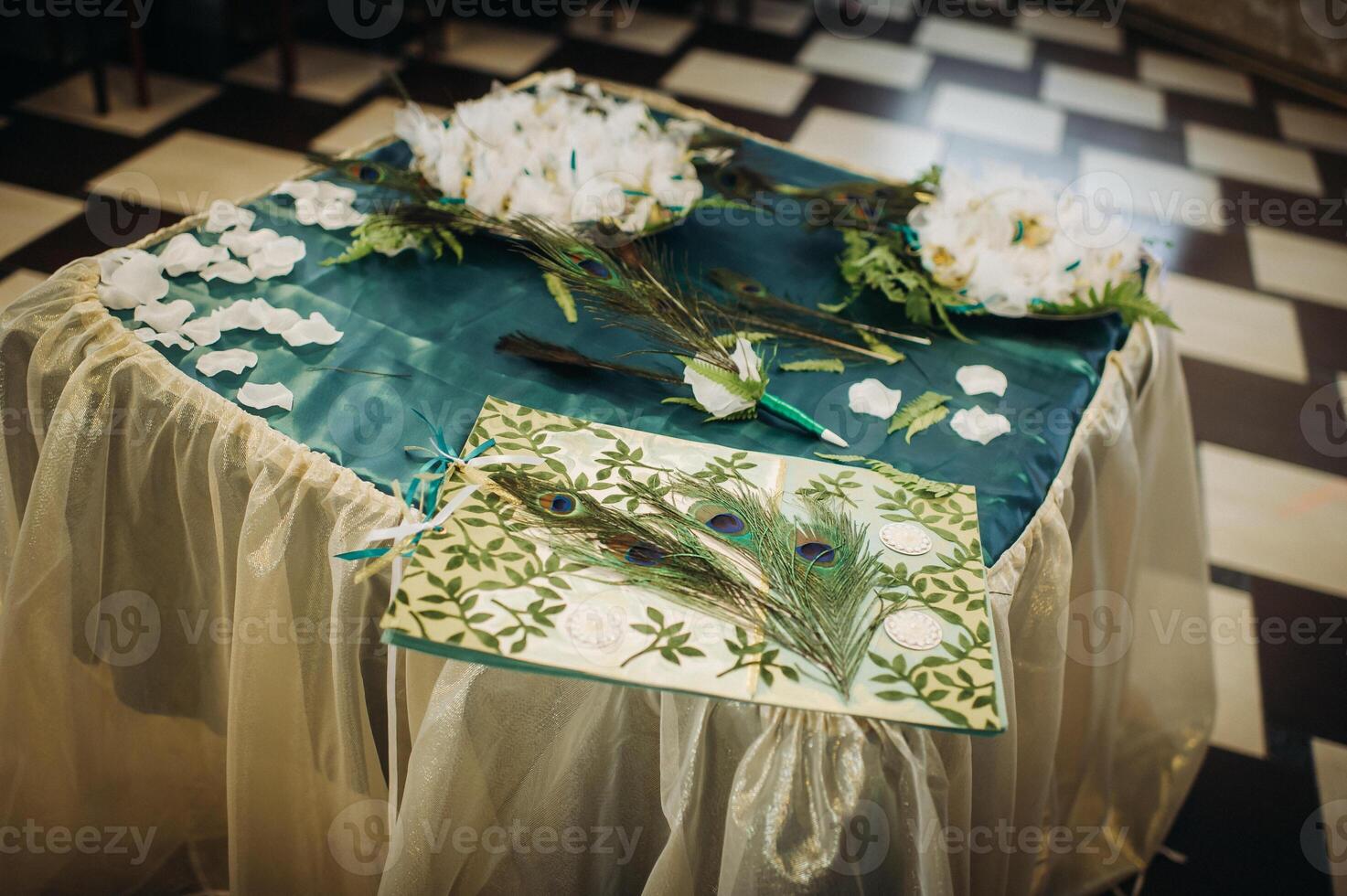 wedding table decoration with flowers on the table in green style, dinner table decor photo