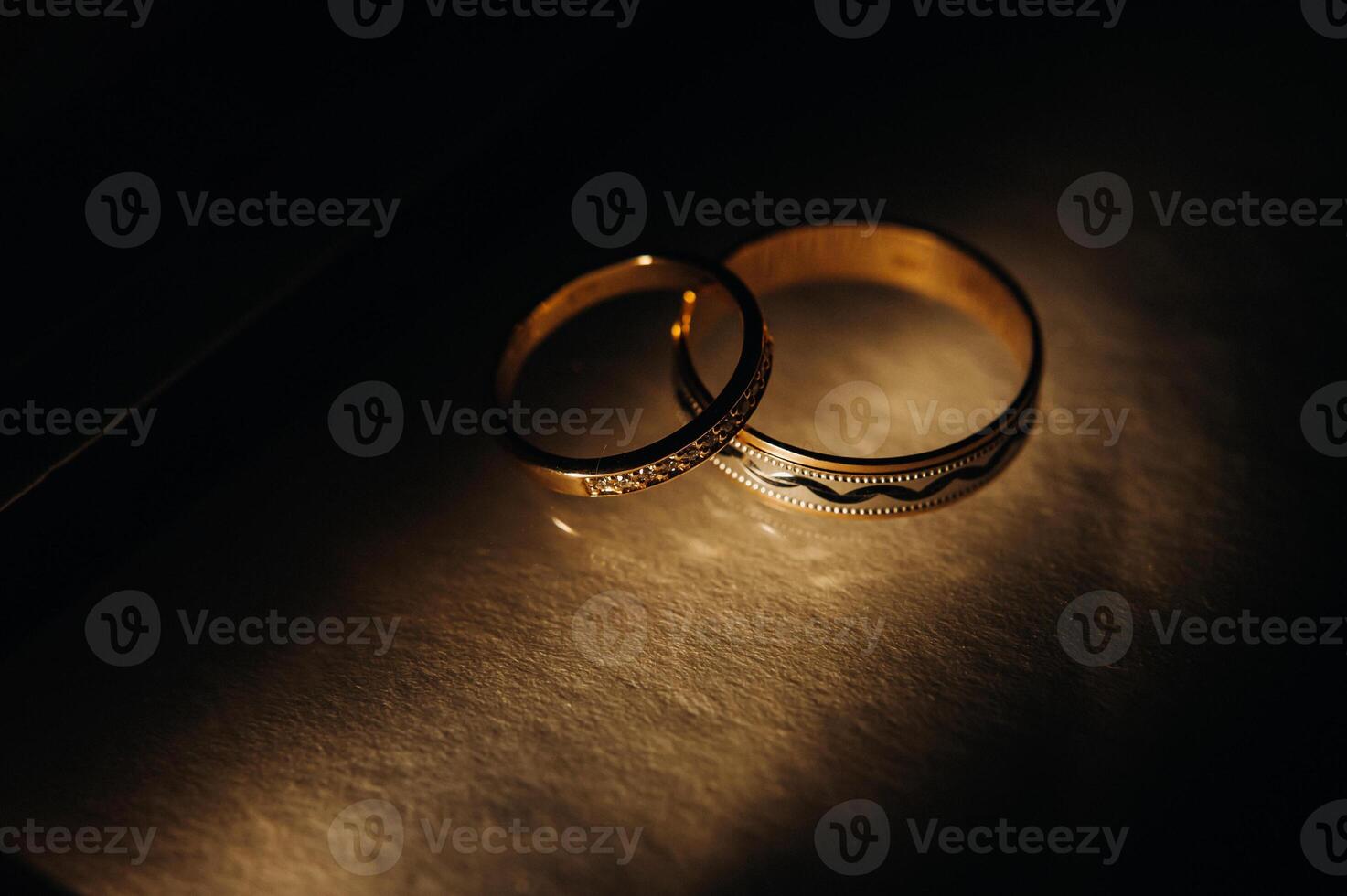 Close-up of two gold wedding rings for a wedding photo