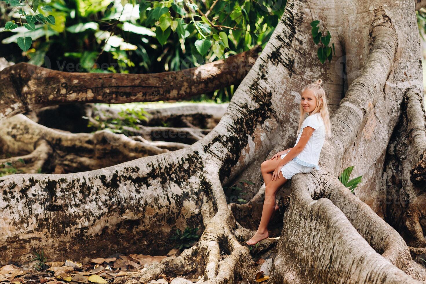 Summer portrait of a happy little girl on the island of Mauritius sitting on a huge tree.A girl sits on a large tree in the Botanical garden of the island of Mauritius photo
