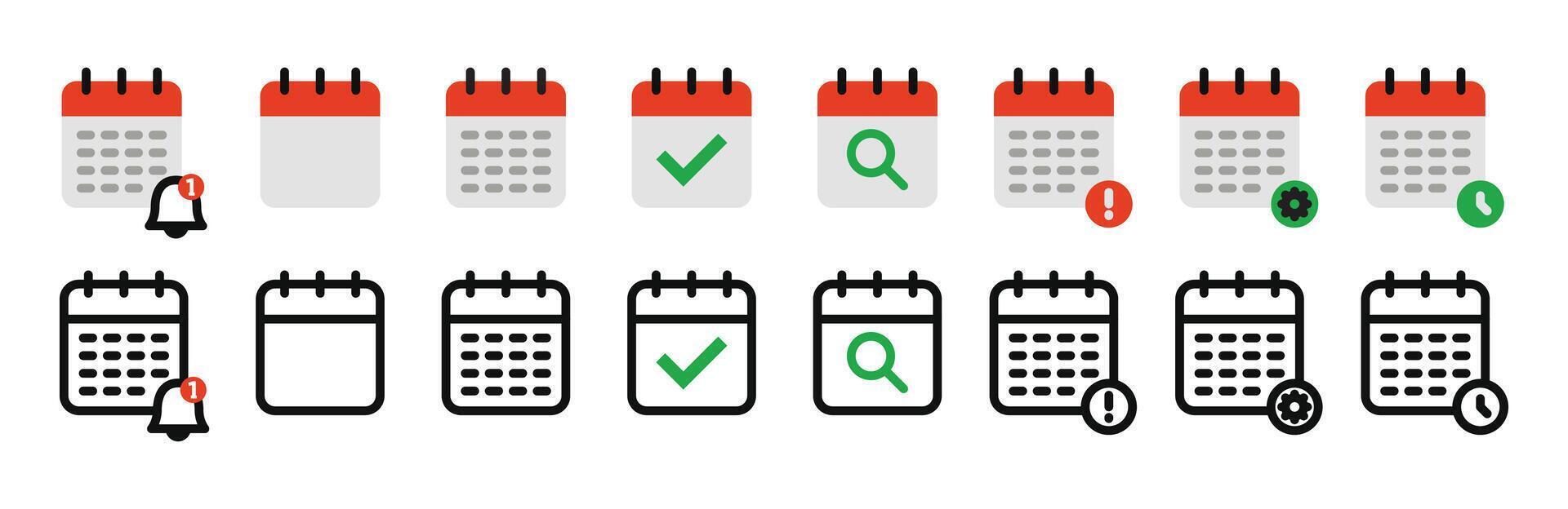 Calendar outline and flat icon set. Event schedule symbols. illustration vector
