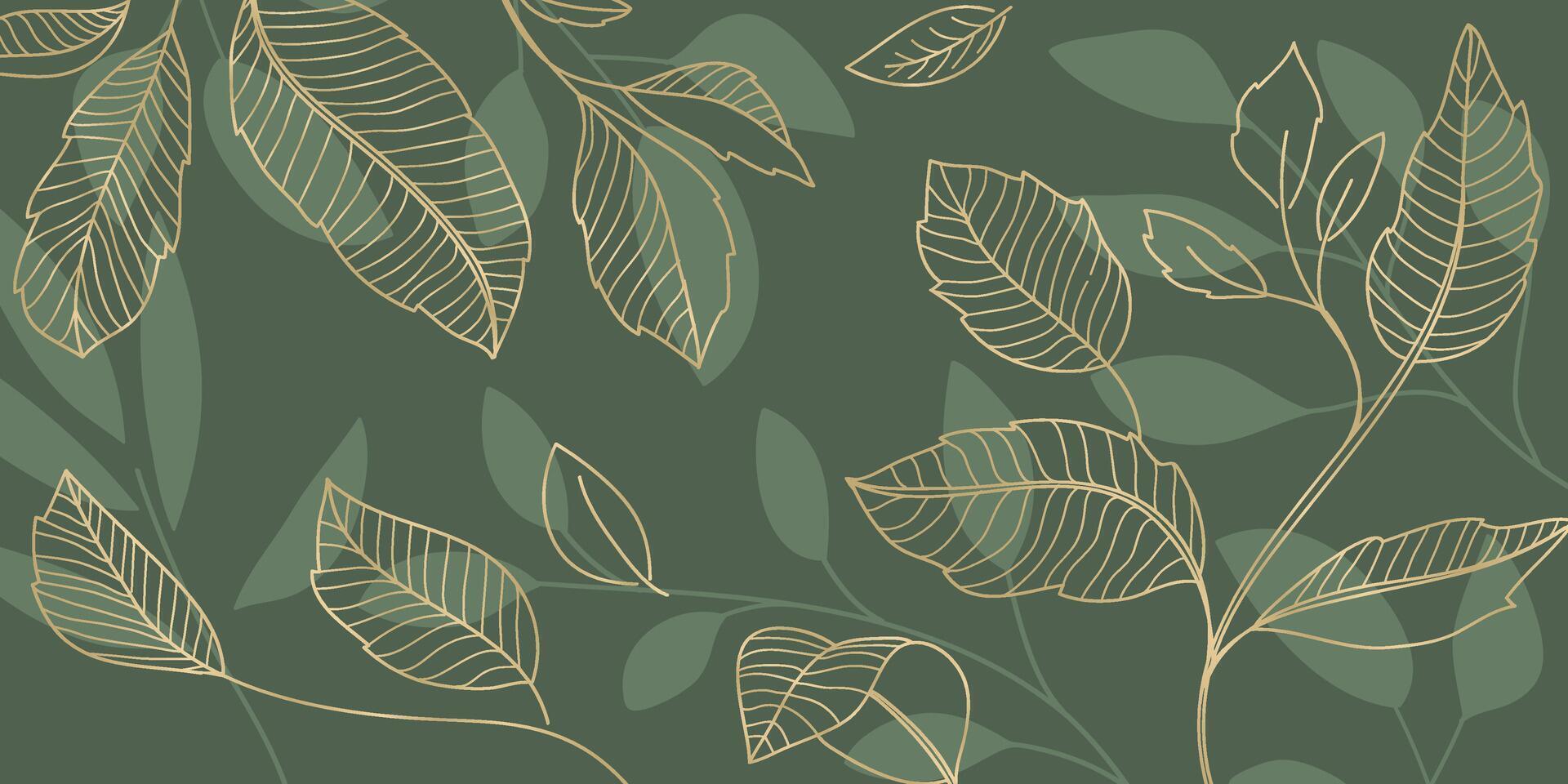 Gold botanical leaves hand drawn isolated on green background. vector