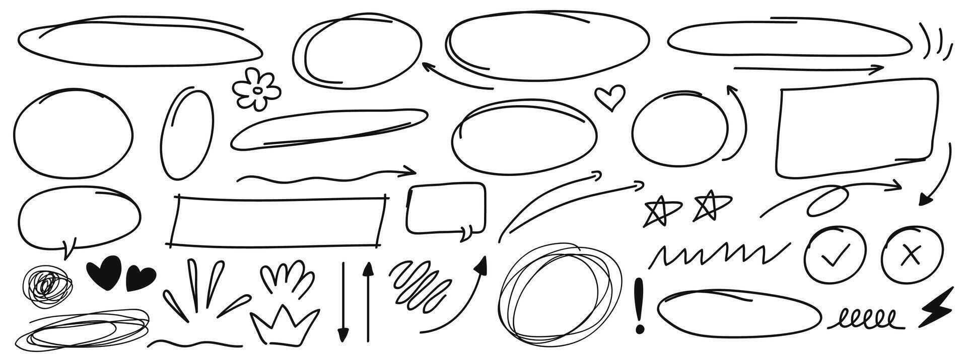 Set of pen line doodle element . Hand drawn doodle style collection of arrows, circle ,bubble chat and wavy collections. vector