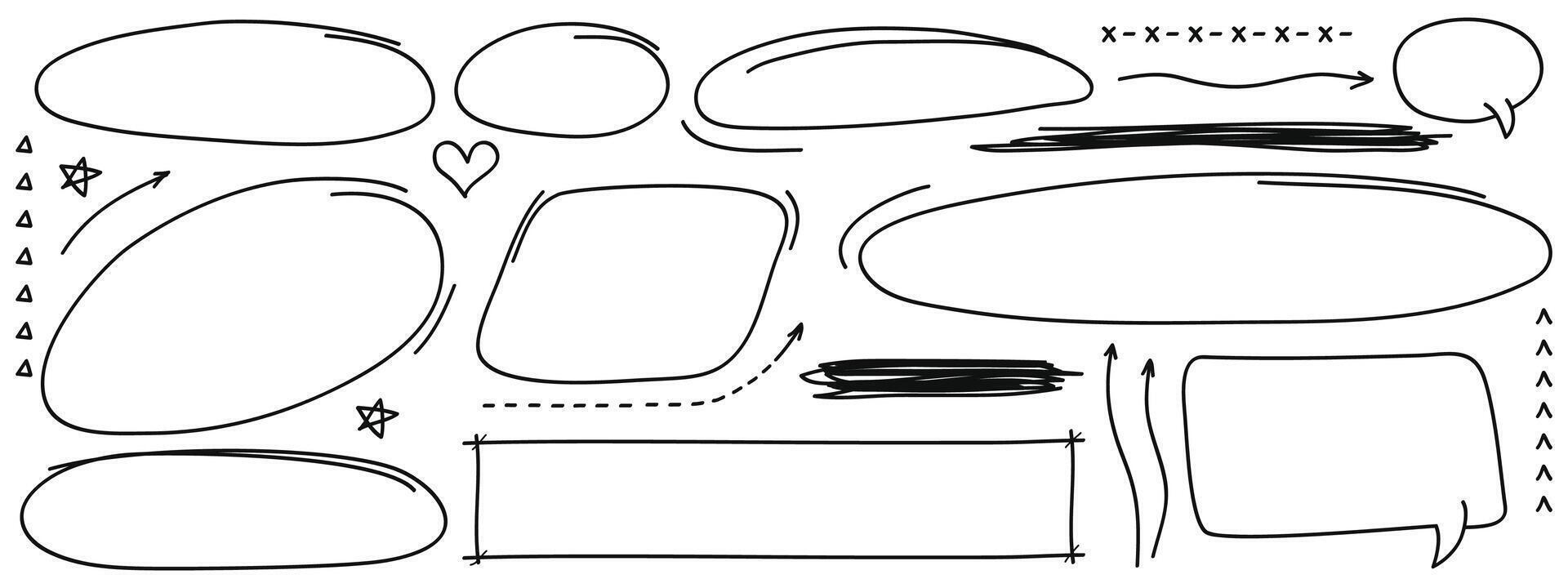 Hand drawn doodle style collection of arrows, circles and shape collection. illustration vector