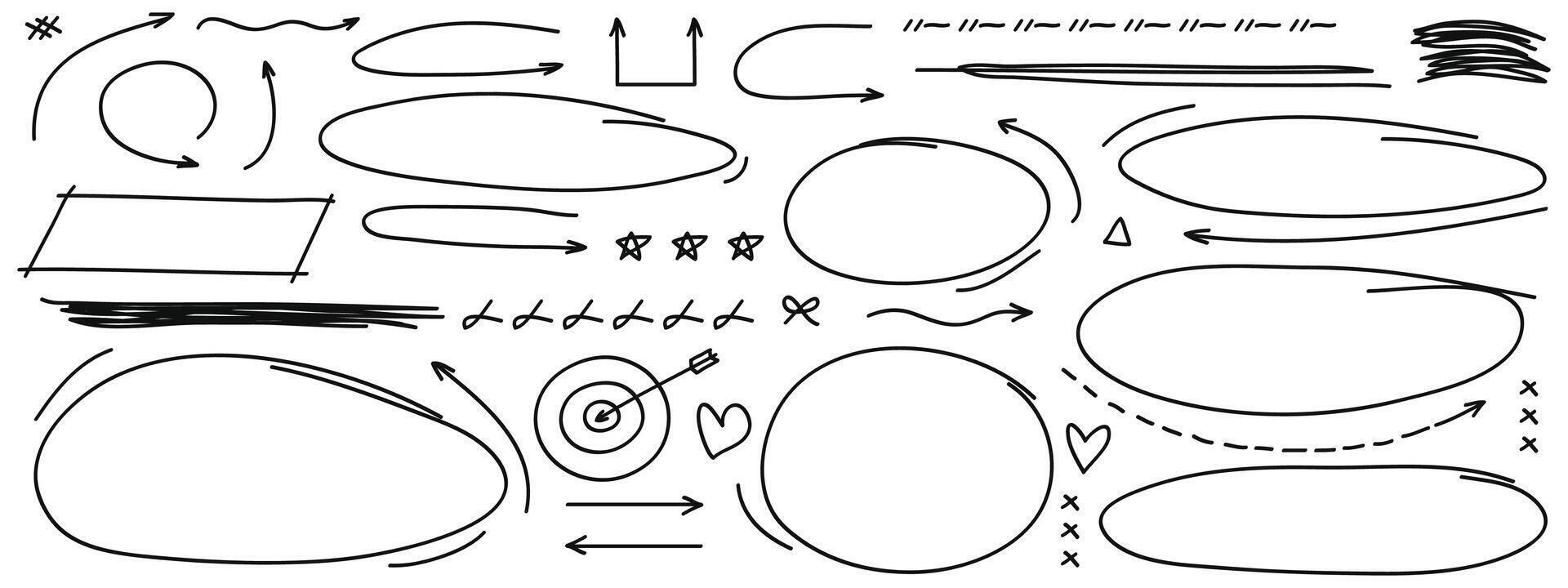 Hand drawing doodle style collection of arrows, circles and shape collection. vector