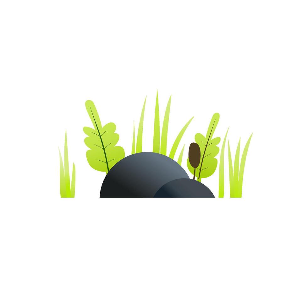 illustration of a rock and plants growing around it and grass vector