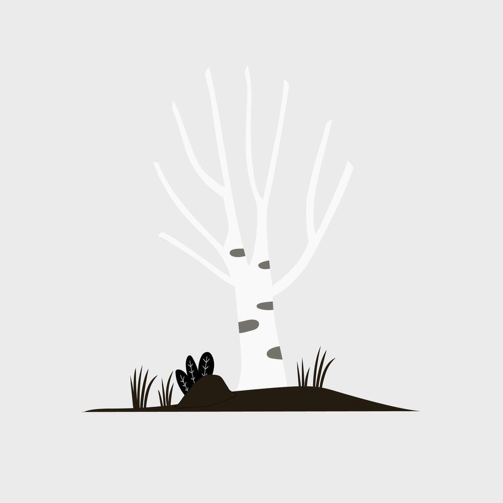 flat monochrome illustration of a forest with birch trees and plants vector
