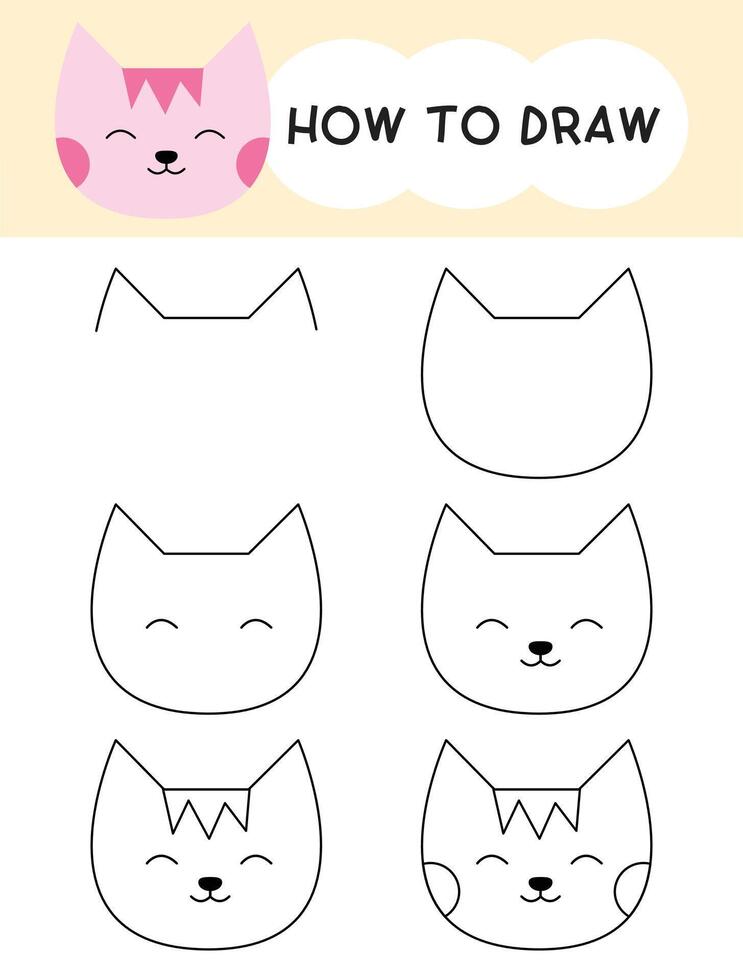 How to draw cat face cartoon step by step for learning, kid, education, coloring book vector
