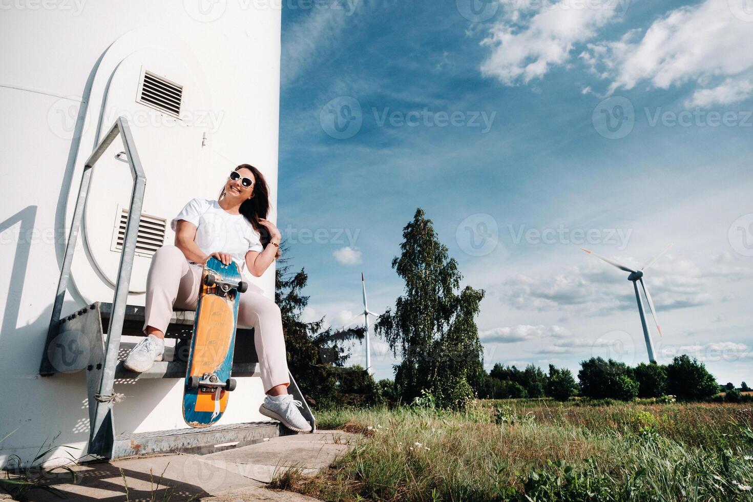 A girl in white clothes with a skate in her hands is photographed near large wind turbines in a field with trees.Modern woman with a Board for riding in a field with windmills photo