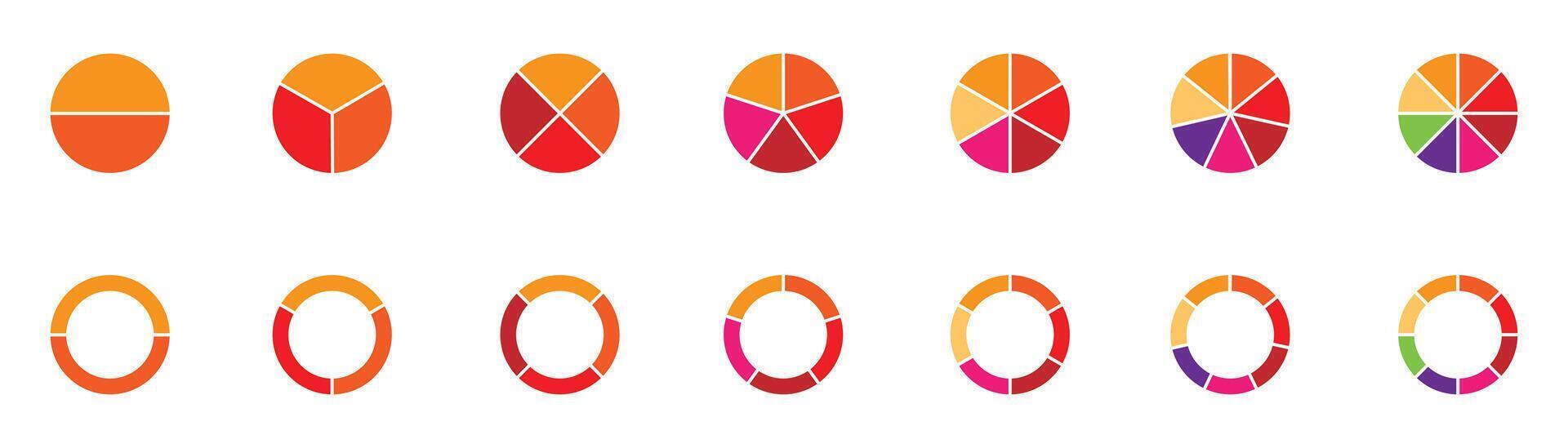 Pie charts diagrams. Different color circles. donut and pie chart infographic elements set. Colorful diagram collection with. Circle icons for infographic. vector