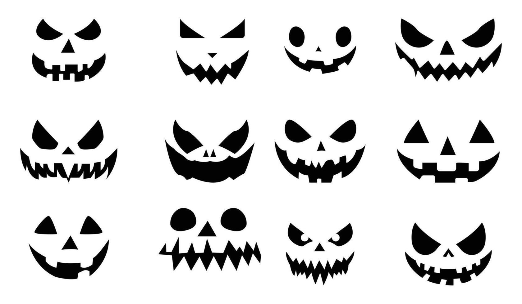 Set of Halloween scary pumpkins face. ghost smile spooky jack evil smile mouth eyes scary silhouette. vector