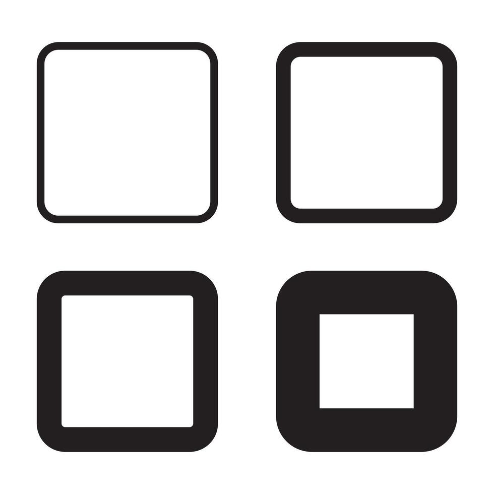 set of 4 rounded corner Black Square Shape icons . 4 squared shapes with round corners and varying degrees of thickness. isolated on a white vector