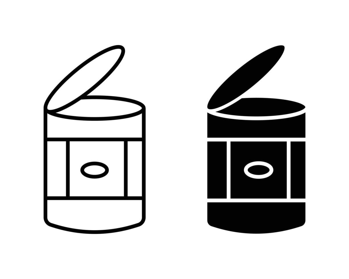 Open tin can icon set. Open tin can solid and outline icon. Food or soup aluminum tin pictogram. vector