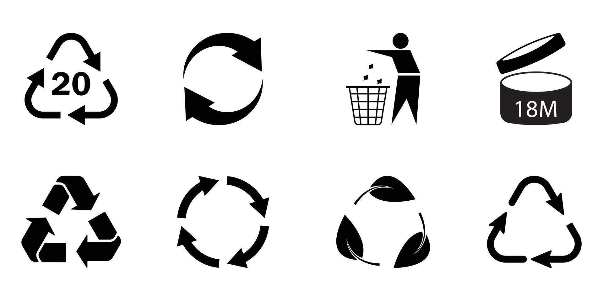 recycle symbols for packaging products icon set. Trash icons. Reuse cycle. Universal recycling and packing signs. eco icons. vector