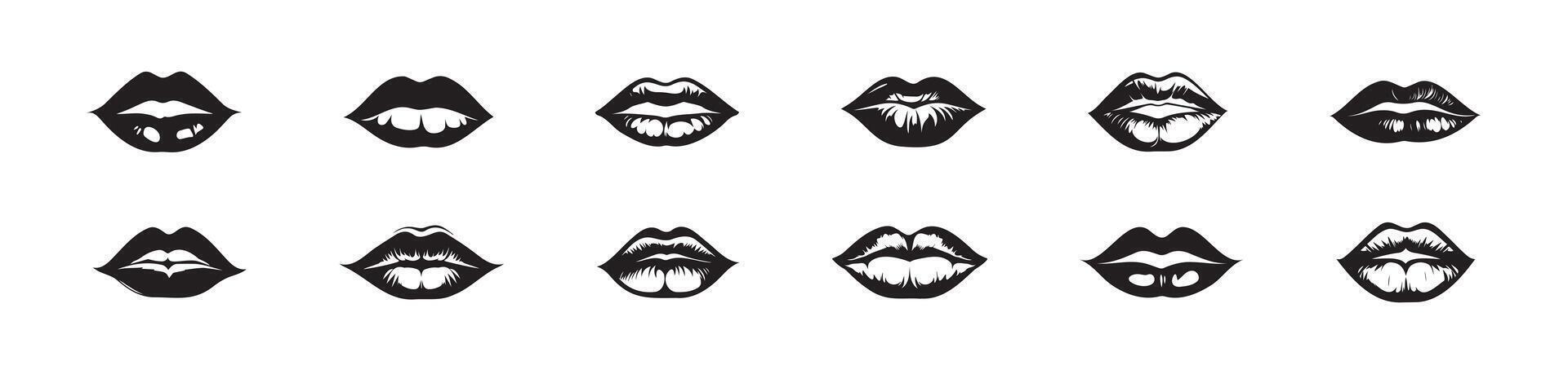 Set of black silhouette lips isolated on a white background. Concept of lip illustrations, mouth expressions, minimalist style, cute lips. Print, icon, design elements vector
