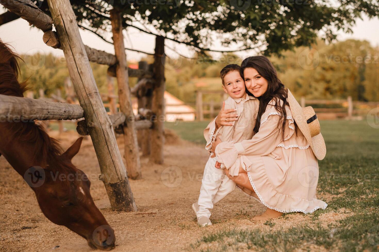A pregnant woman with her son walks in the countryside in the summer photo
