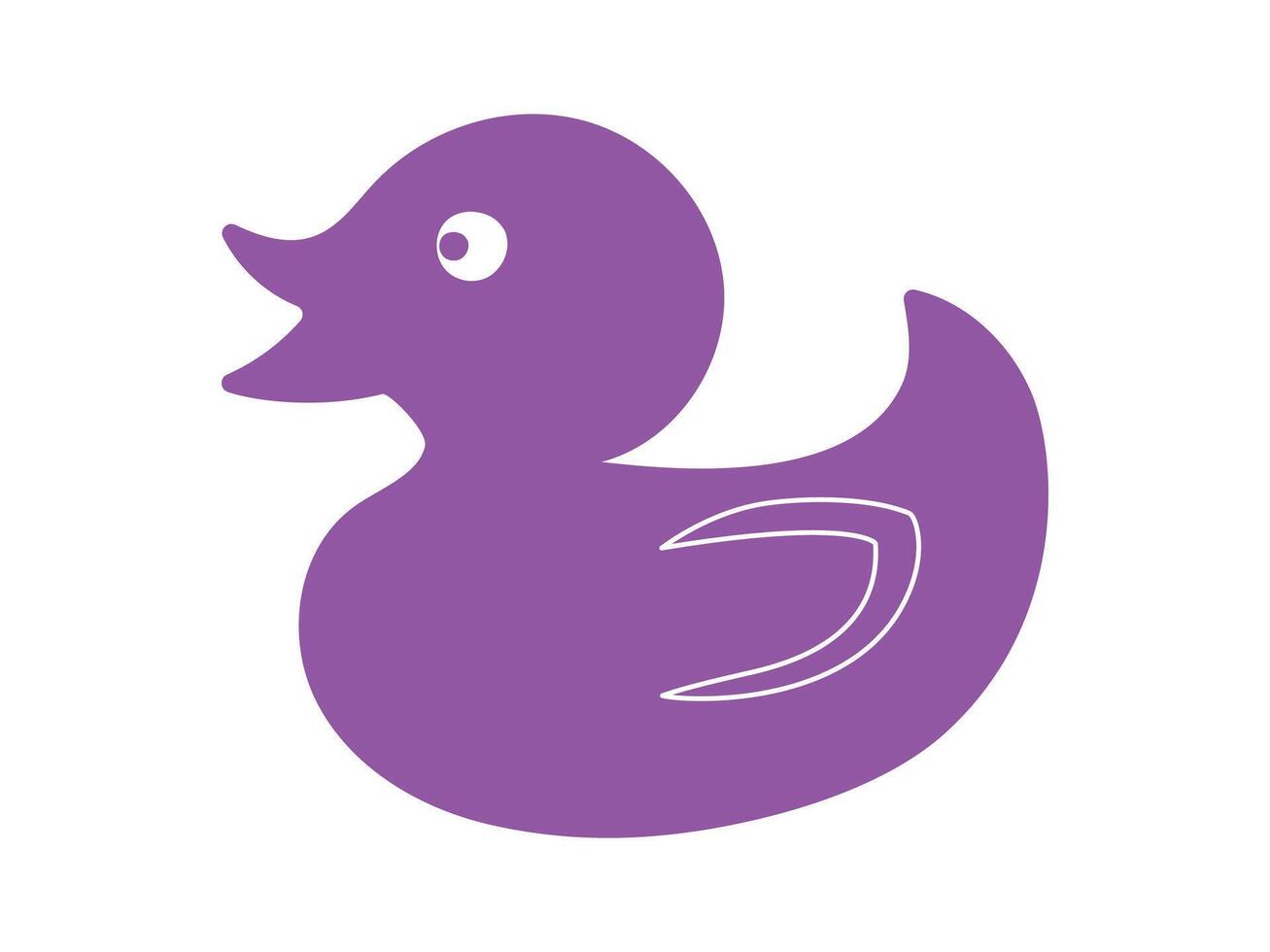 Purple rubber duck isolated on white background. Flat cartoon illustration. Concept of kids' bath toys, cute bird, bright art, duckling. Icon, design element, playful toy for children vector