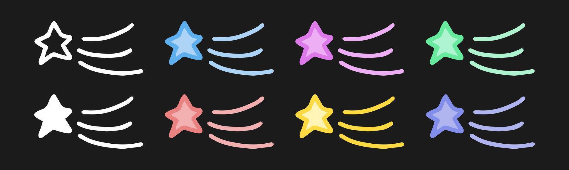 Set of shooting star icons featuring colored illustrations, white silhouette, and white outline, isolated on black background. Concept of success, aspiration, abstract cosmic element. Design elements. vector