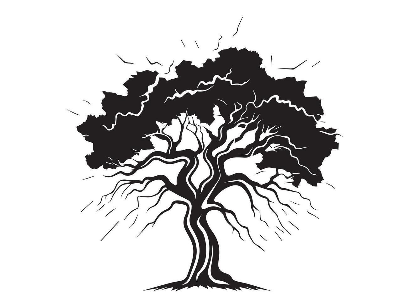 Black silhouette of a tree with twisted branches isolated on white background. Nature illustration, minimalist art, natural beauty, tree design. Print, icon, design element vector