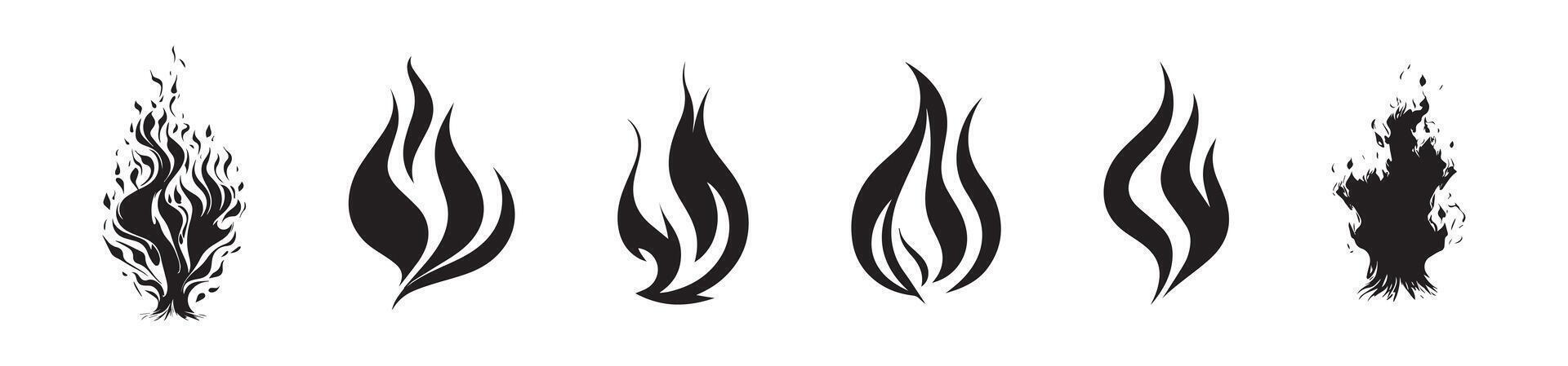 Black Silhouette Flame Illustrations Isolated on White Background. Concept of Fire Design, Elemental Art, Abstract Blaze, Minimalist Decoration. Print, Icon, Design Element. Set vector