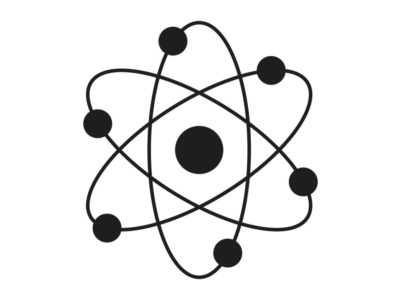 Black silhouette of an atom with orbiting electrons isolated on a white background. Concept of science, physics, atomic structure, minimalism. Icon, symbol, design element. vector