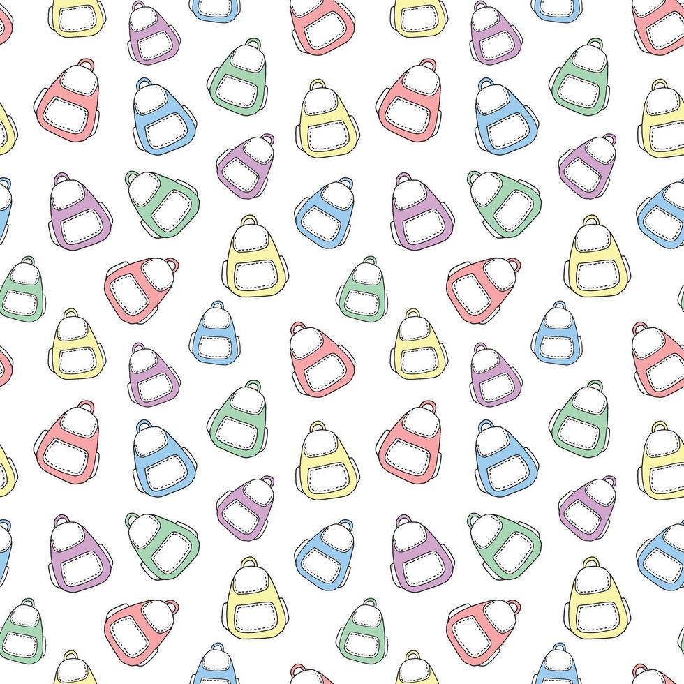 Seamless pattern with colorful backpacks isolated on white background. Concept of school accessories, student gear, travel, and tourism. Modern design element for textiles, wrapping paper, stationery vector