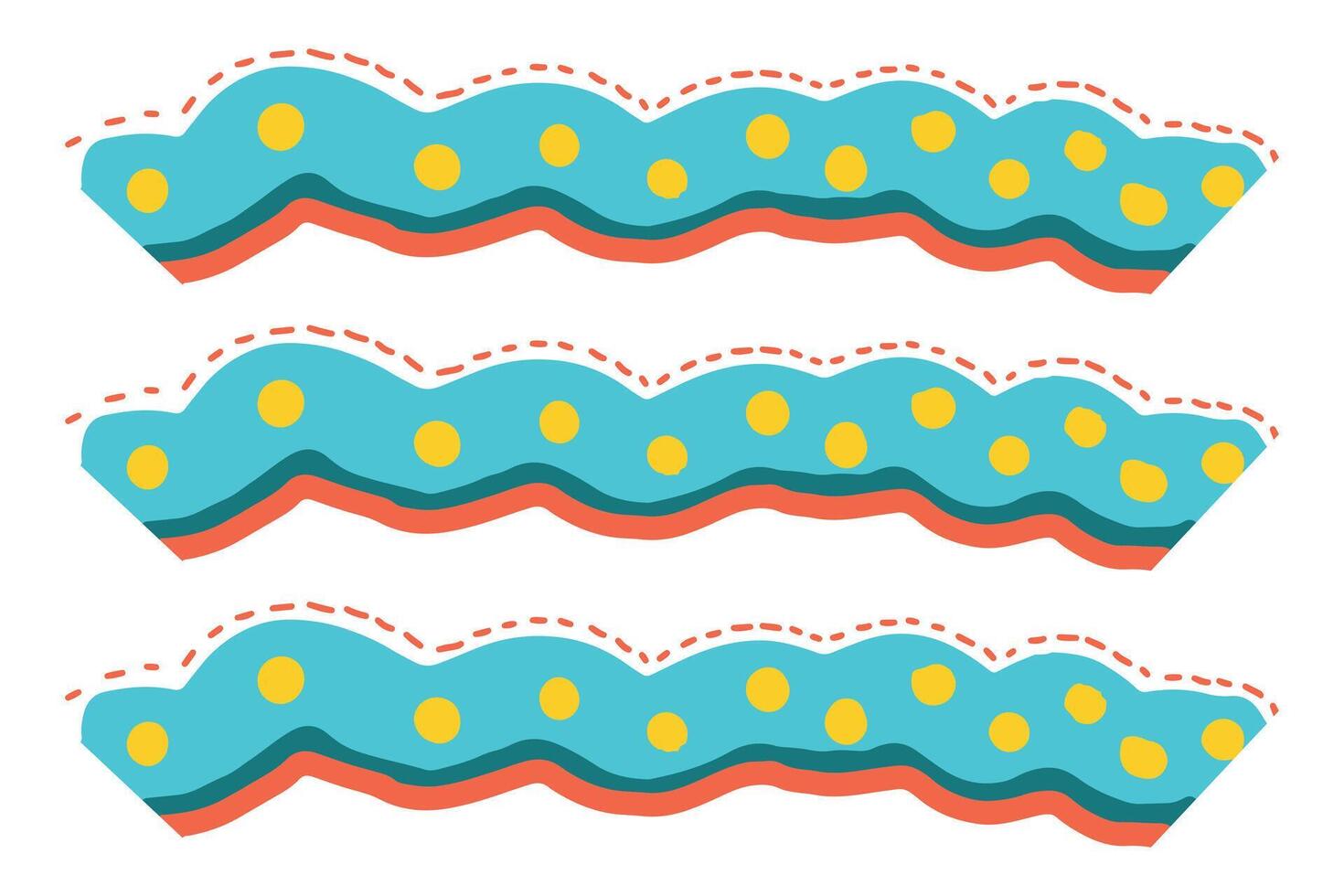 Colorful abstract Memphis-style waves with dots in bright colors and playful patterns. Abstract ocean, water, sea, zigzag trim, crafting, fabric embellishments, sewing decoration. White background vector