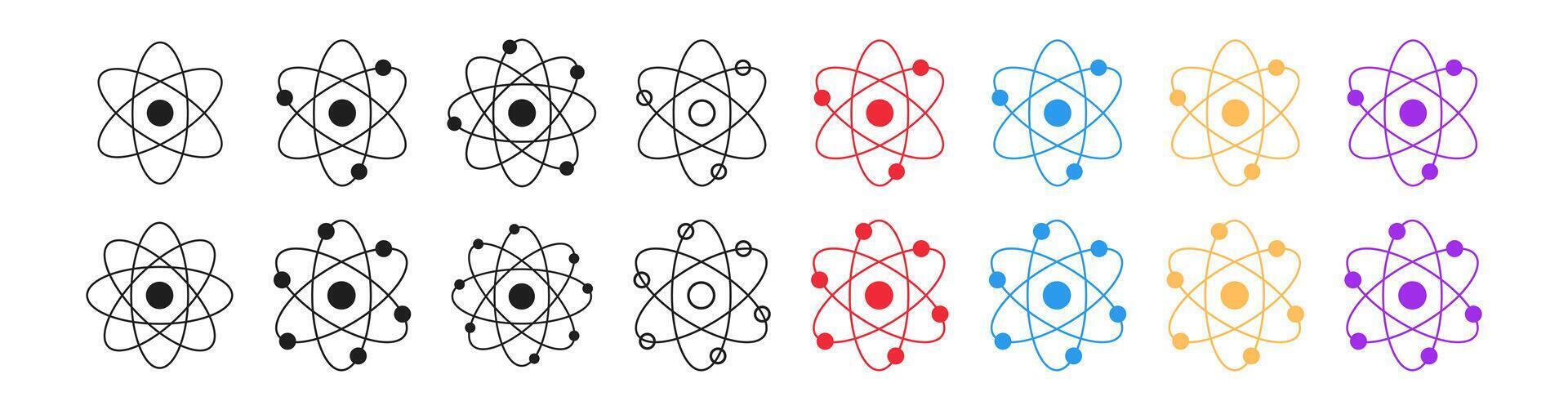Set of atom icons with colored versions, black silhouettes, black outlined atoms with orbiting electrons, isolated on white background. Concept of science, physics, atomic structure. Design elements. vector