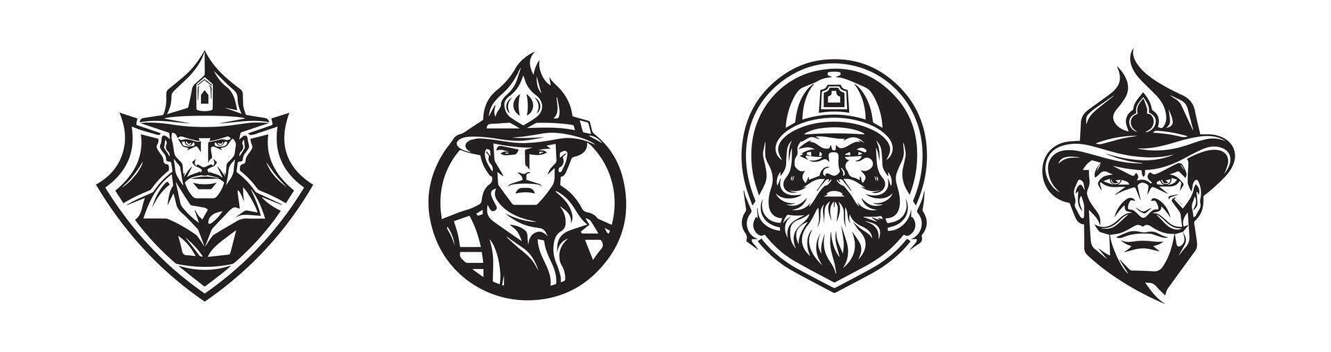 Black and white firefighter emblems isolated on a white background. Concept of fireman illustrations, rescue heroes, safety, emergency response. Print, icon, design elements. Set vector