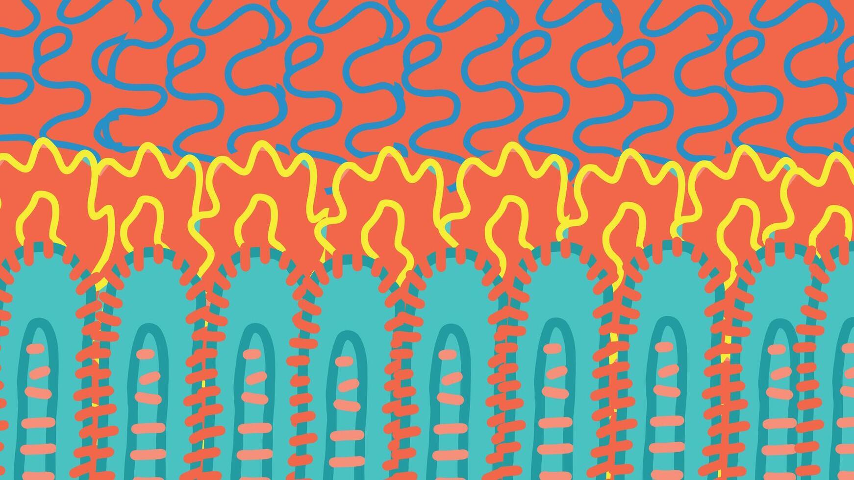 Abstract geometric background in bright Memphis style with wavy and fiery lines, vibrant patterns and shapes, creative textures. Playful design, retro aesthetics, colorful backdrop, modern art vector