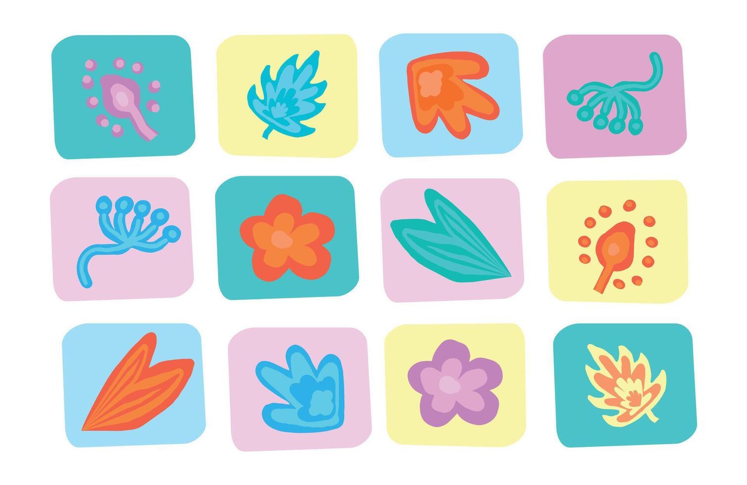 Colorful floral icons set isolated on a white background in bright Memphis style. Concept of vibrant flowers, modern design elements, botanical motifs, and nature illustrations. Suitable as stickers vector