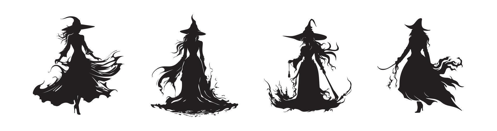 Black silhouette of witches in flowing robes isolated on a white background. Concept of magic, Halloween, mystical figures, witchcraft. Print, icon, design element. Set vector