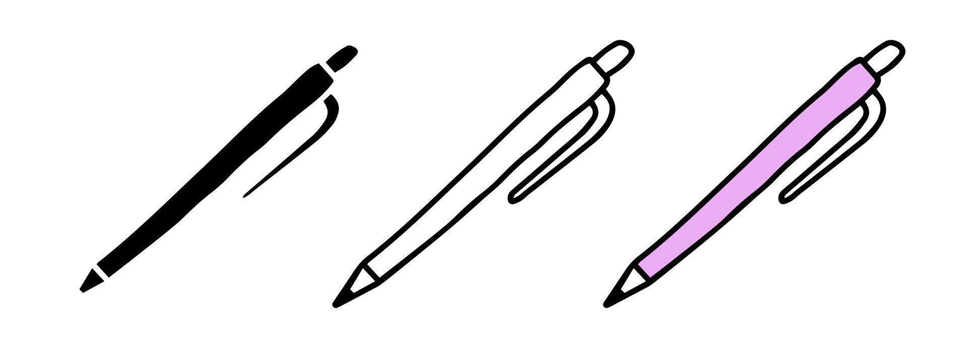 Set of pen icons featuring colored illustration, black silhouette, and black outline, isolated on a white background. Concept of writing, stationery, office supplies, and design. Design elements. vector