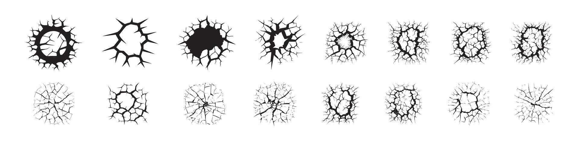 Black Silhouettes of Cracks Isolated on White Background. Concept of Fracture, Damage, Broken Surface, Abstract Shapes. Print, Icon, Design Elements vector
