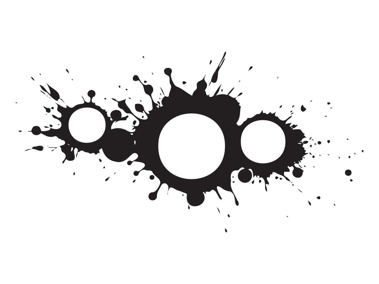 Black ink splatters with circle shapes isolated on a white background. Concept of abstract art, paint splashes, graphic design, contemporary illustration. Print, icon, design element vector