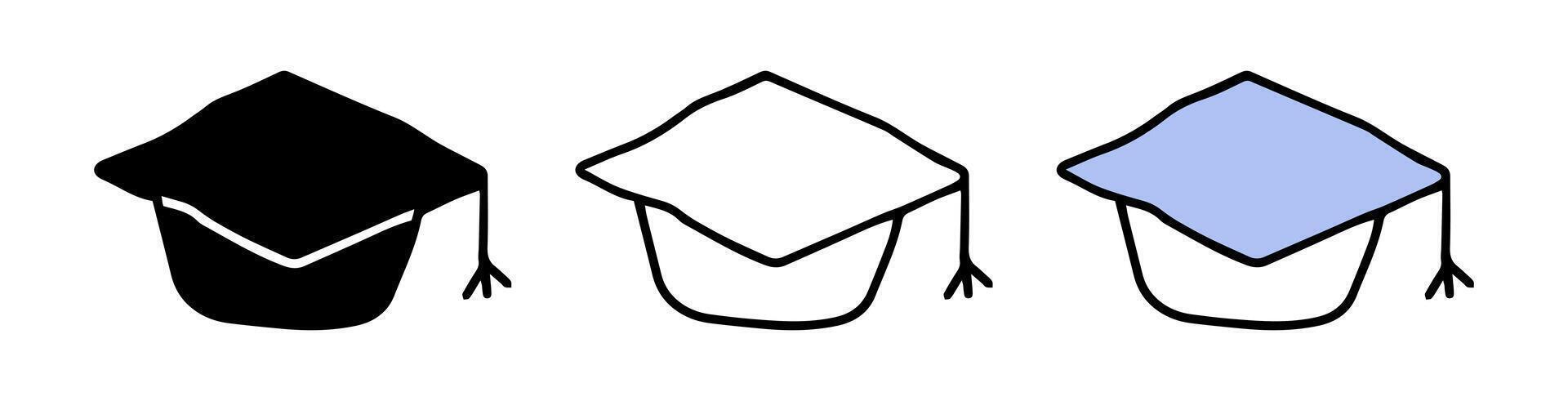 Set of graduation cap icons featuring colored illustration, black silhouette, and black outline, isolated on a white background. Concept of education, achievement, academic success. Design elements vector