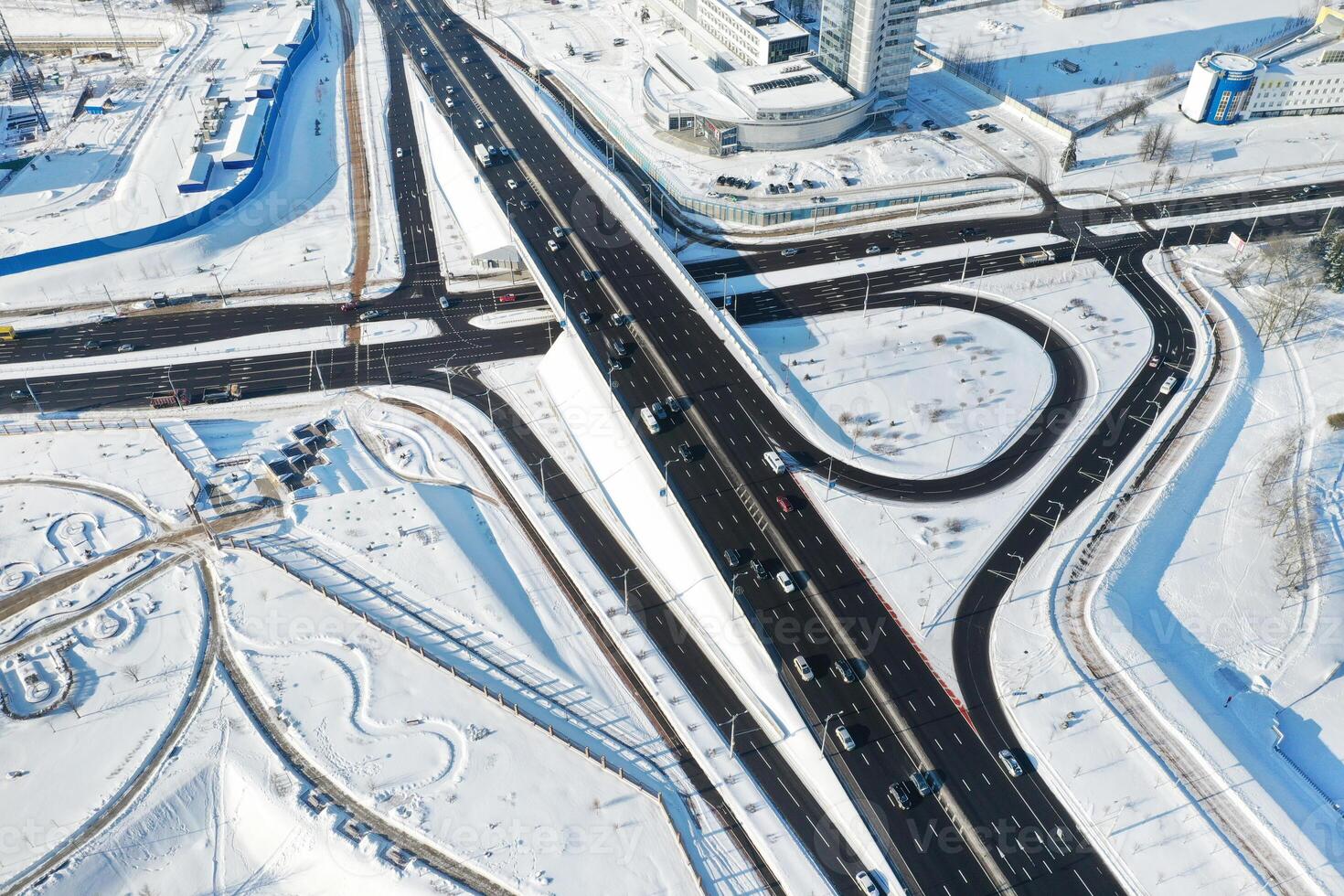 Top view of the Winter Independence Avenue in Minsk.View of the intersection of roads in Minsk. Belarus. photo