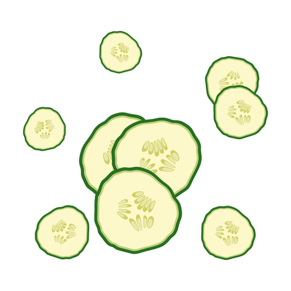 Green cucumber slices food vegetable cartoon illustrations. Isolated on white background. vector