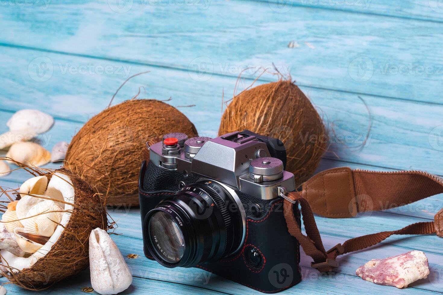 camera,coconuts and shells on a blue wooden background.Marine theme photo