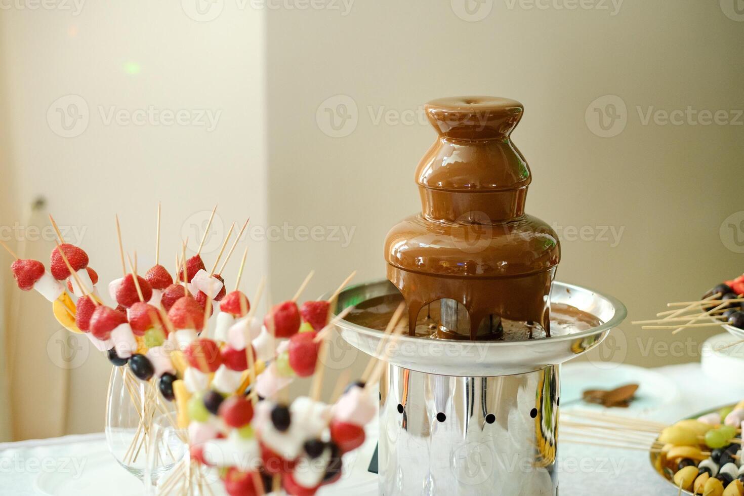 Fondue with a chocolate fountain and sweets for it.Sweet theme photo