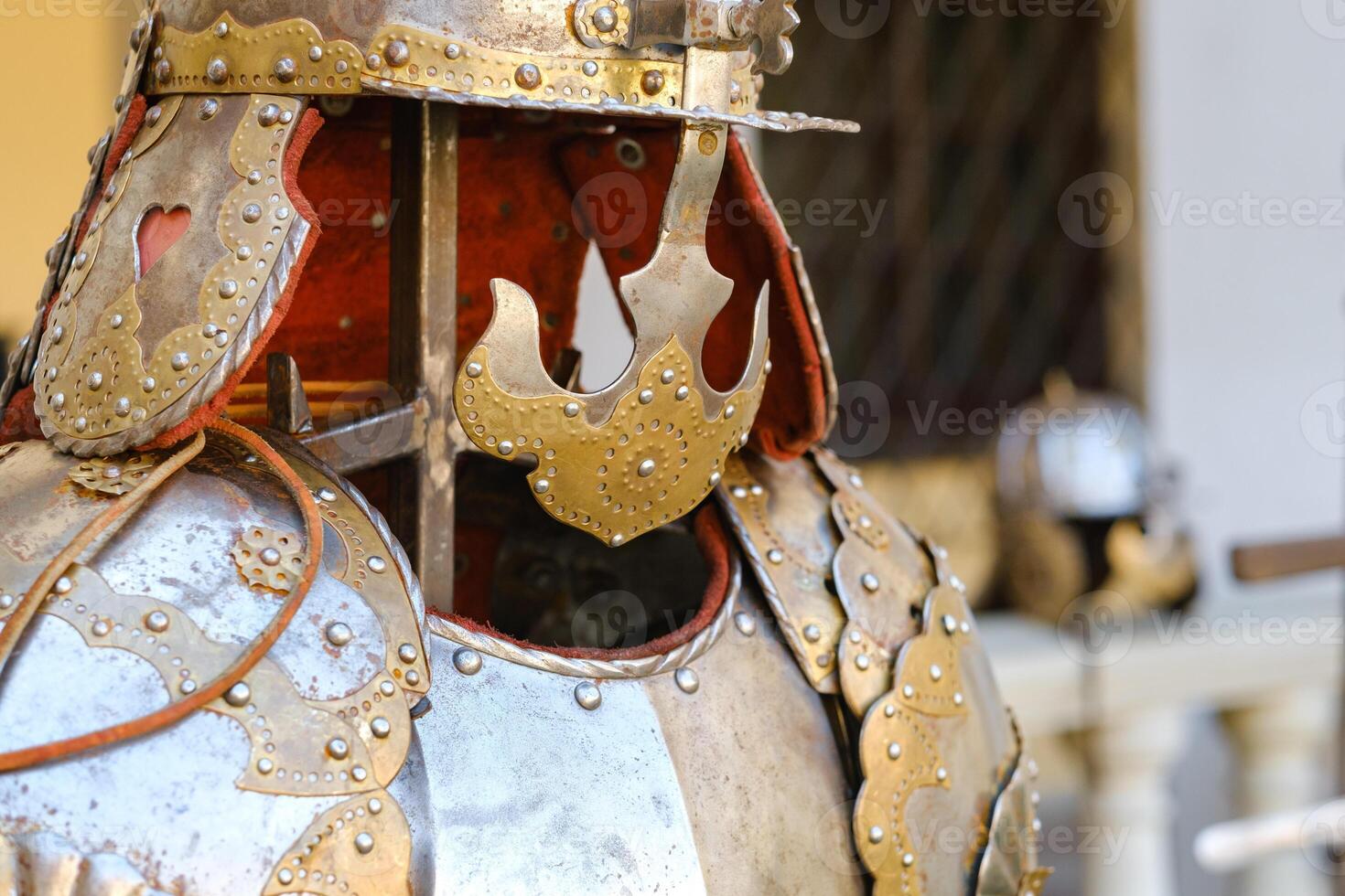 An ancient Knight's helmet with armor.A medieval concept photo