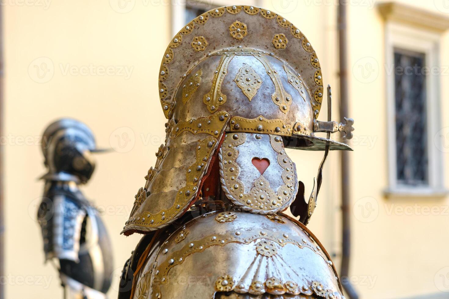 An ancient Knight's helmet with armor.A medieval concept photo