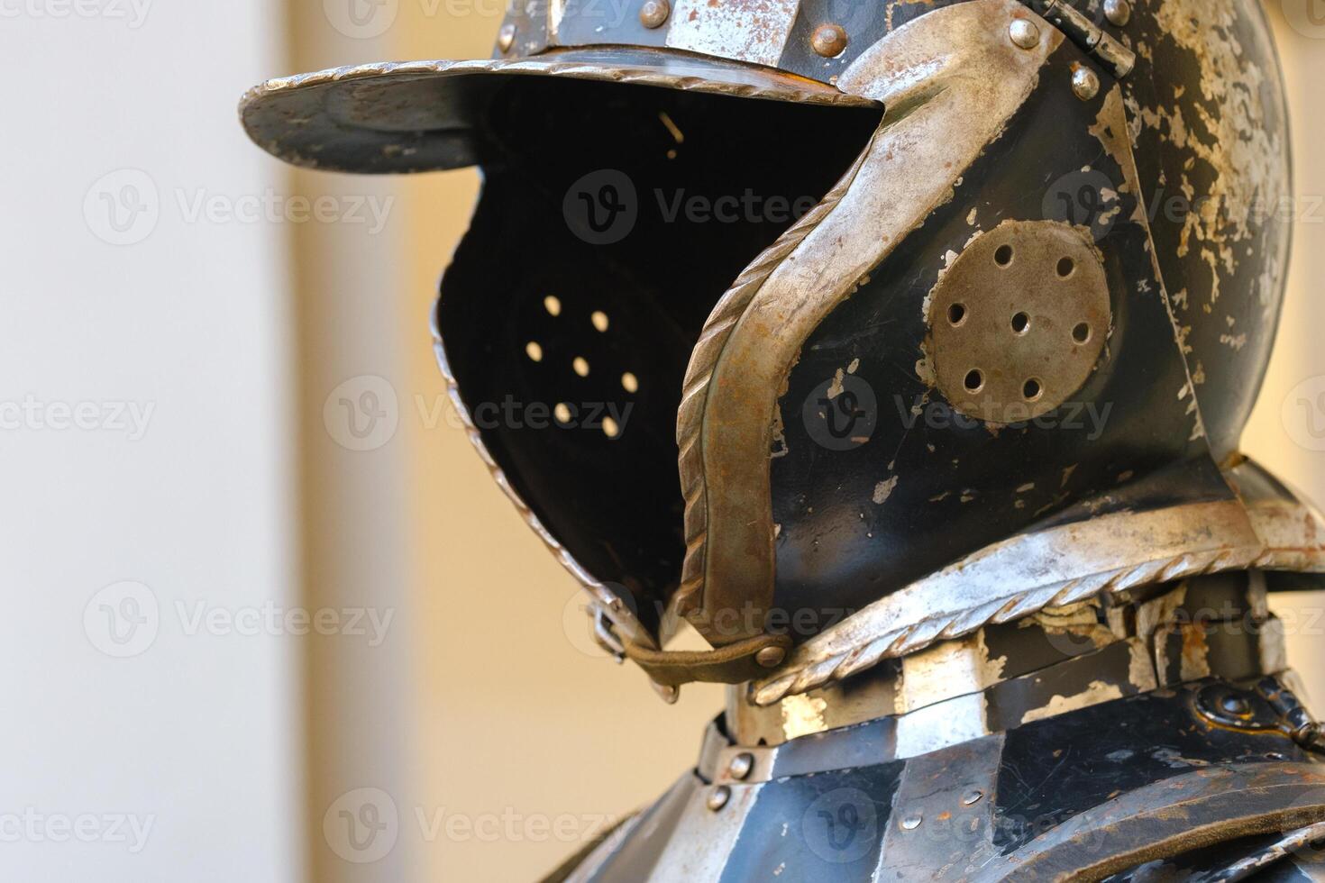 An ancient Knight's helmet with armor.A medieval concept photo
