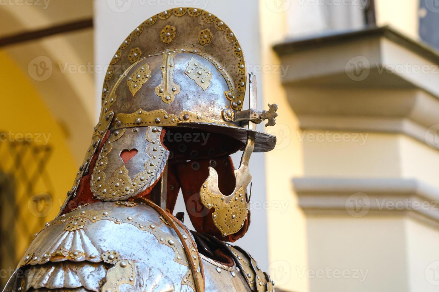 An ancient Knight's helmet with armor.A medieval concept photo