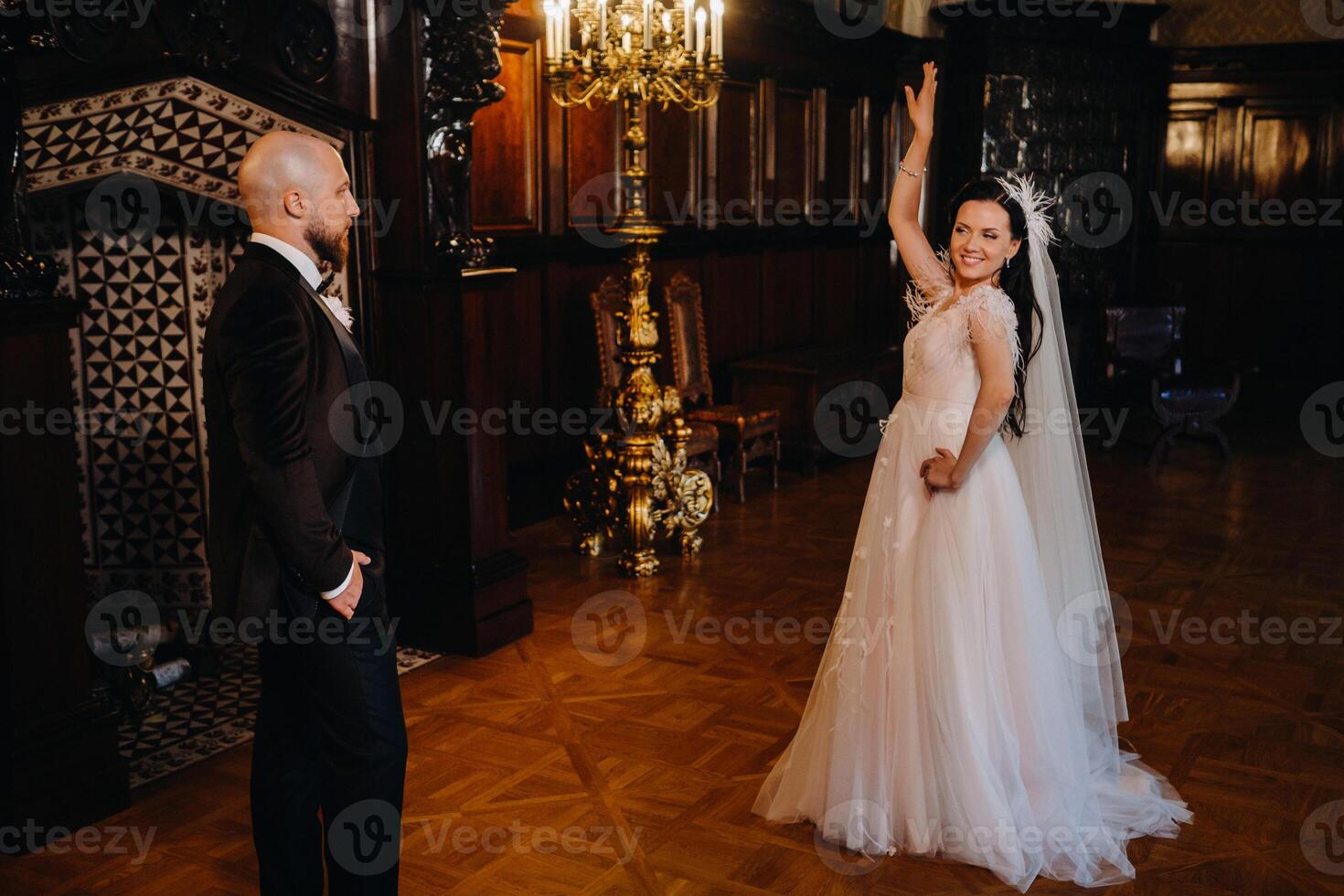 Elegant wedding couple in the interior of the old castle in the city of Nesvizh photo