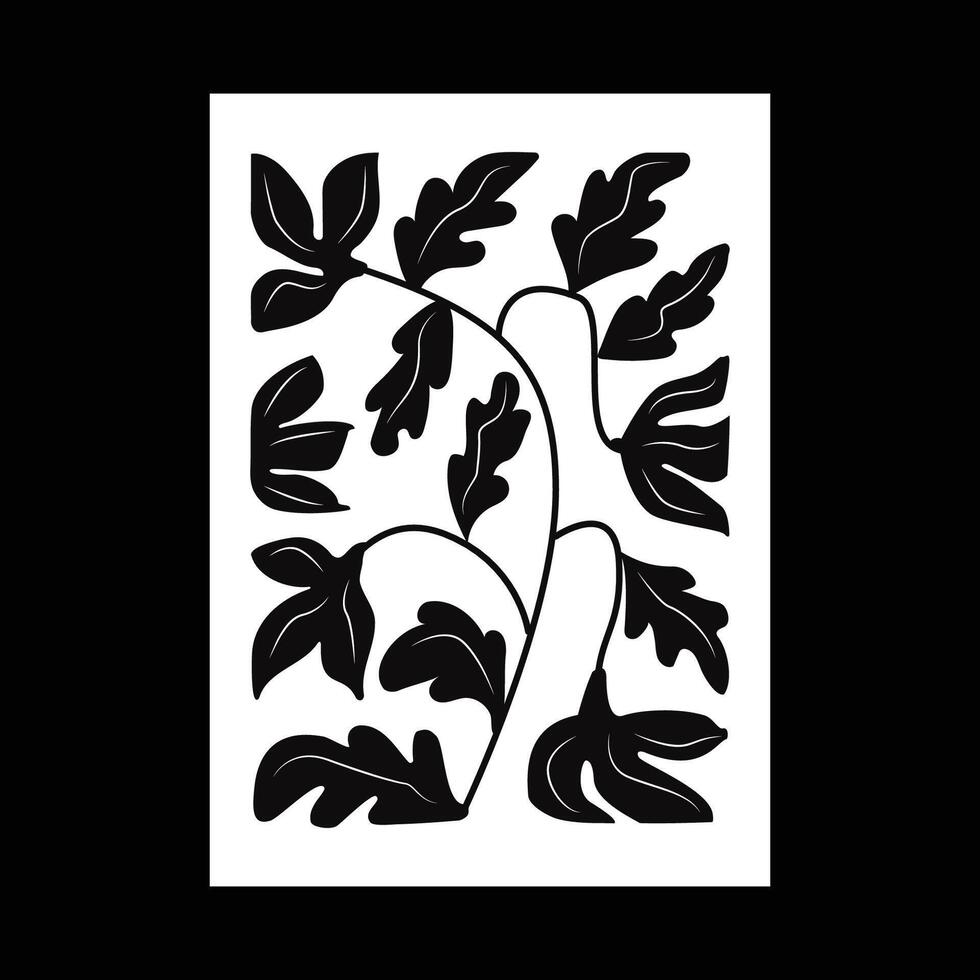 A monochrome natural illustration inspired by Matisse's arts, a winding stem of a plant with flowers. Interior poster. vector