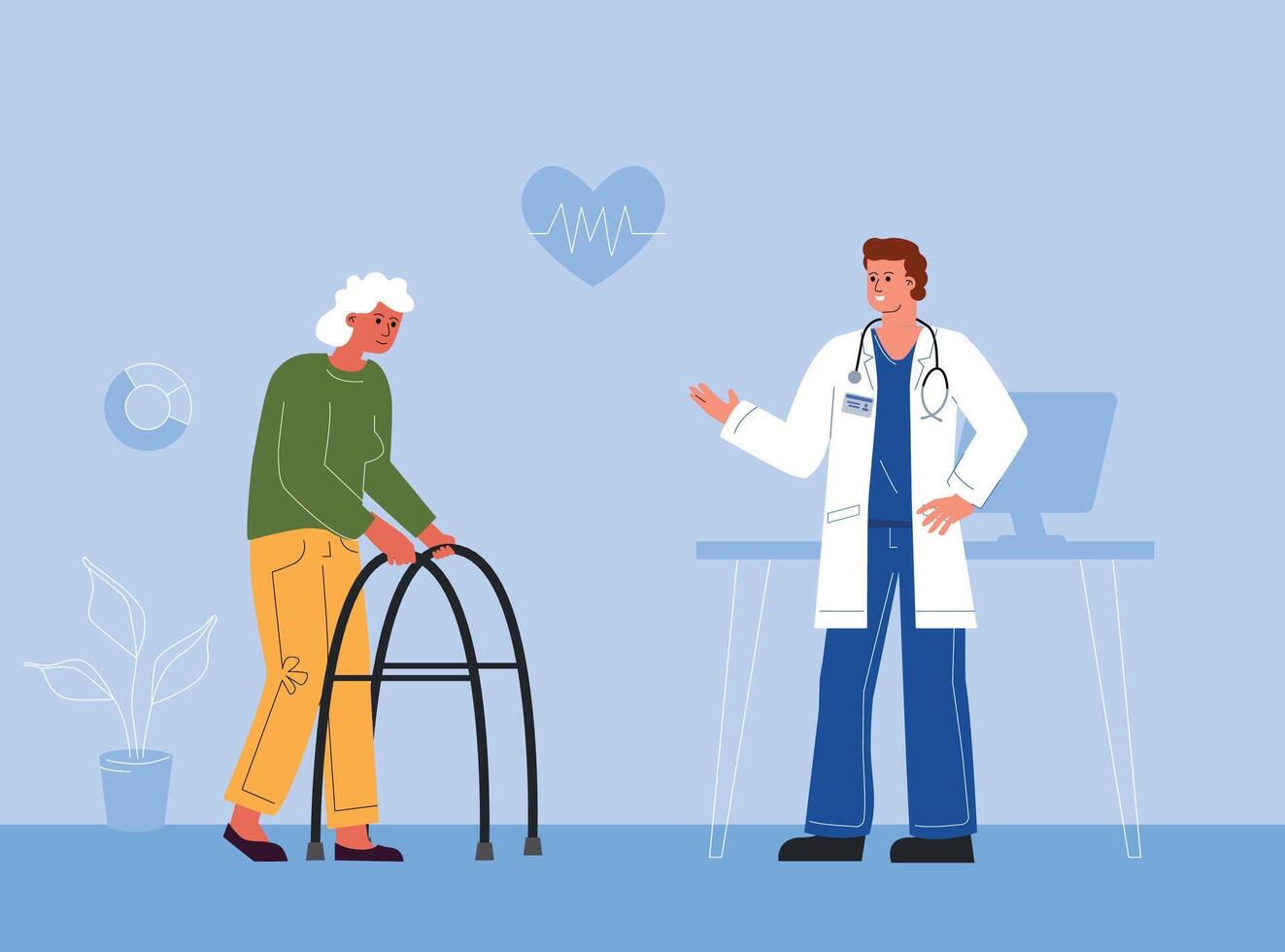 An elderly disabled woman with a walker consults a doctor. The concept of caring for the health of pensioners. vector