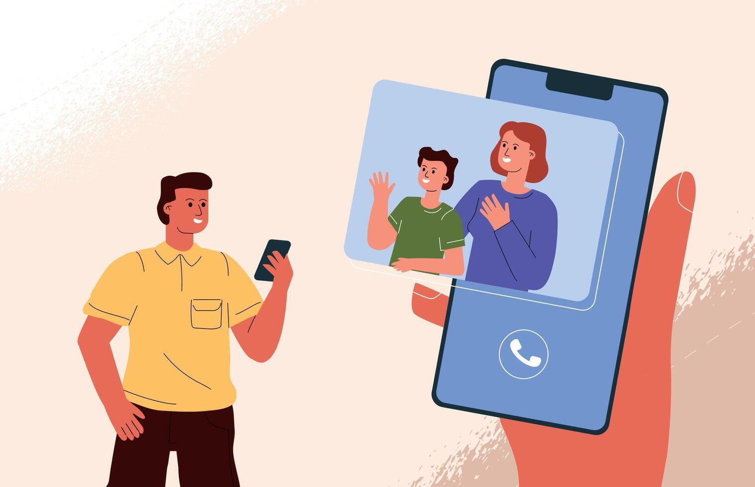 A happy father calls his family via link. Communication of relatives online. vector